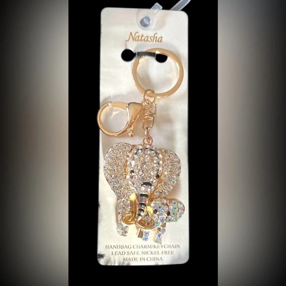 🐘💗Natasha Gold with Crystals Elephant Mom & Baby Purse Charm Keychain.🐘💗NWT